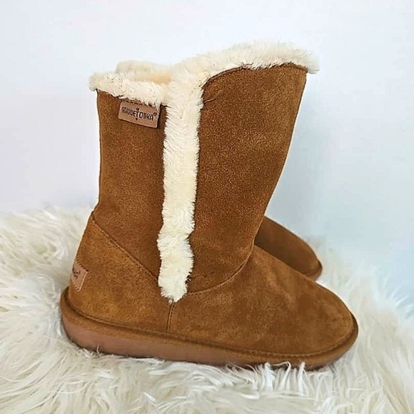 Minnetonka Mid Calf Winter Boots Suede Faux Fur Brown Slip On Women's Size 9 🌴✌ - Picture 5 of 8